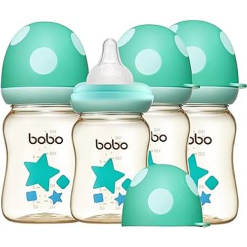 YOHKOH PPSU Baby Bottle Wide Neck, Newborn Anti-Colic Baby Bottle with Natural Response Nipple, Streamlined Body, Easy to Clean (5.4oz (Pack of 4), Blue)