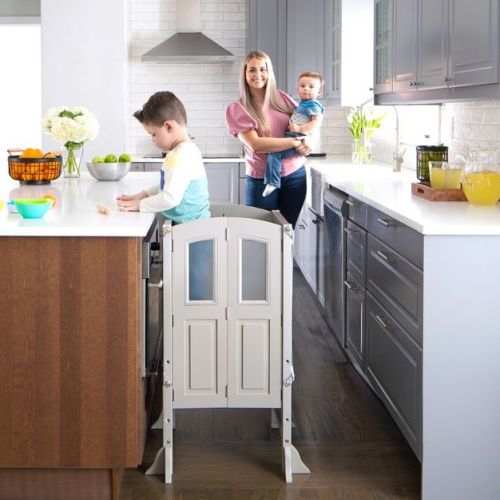 Martha Stewart Kitchen Helper by Guidecraft - Taupe: Adjustable Step Stool, Foldable Cooking Toddler Tower for Kids' with Non-Slip Mat