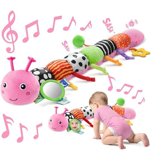 Sumobaby Infant Baby Musical Stuffed Animal Toys for 0-3-6-12 Months,Multi Sensory Toys with Crinkle and Rattles, Tummy Time Toys for Newborn Boys Girls, Caterpillar, Pink