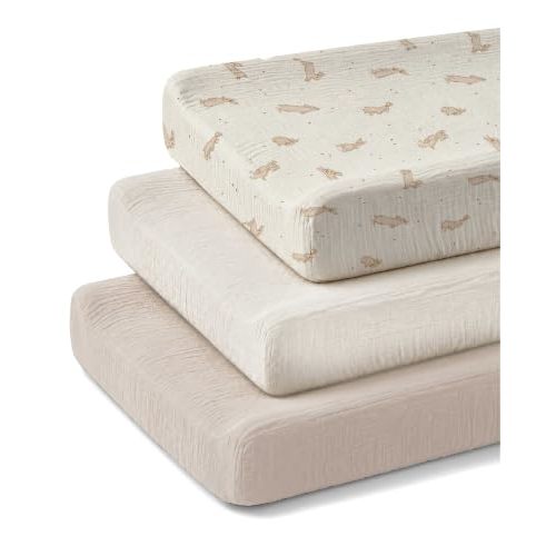 Changing Pad Covers 3 Pack, 32"x16" Muslin Baby Changing Table Pad Covers | Soft Breathable Muslin, Fits Standard Changing Table Pads, Neutral Boho Nursery Style for Baby Boy and Girl (Hopping Bunnies)