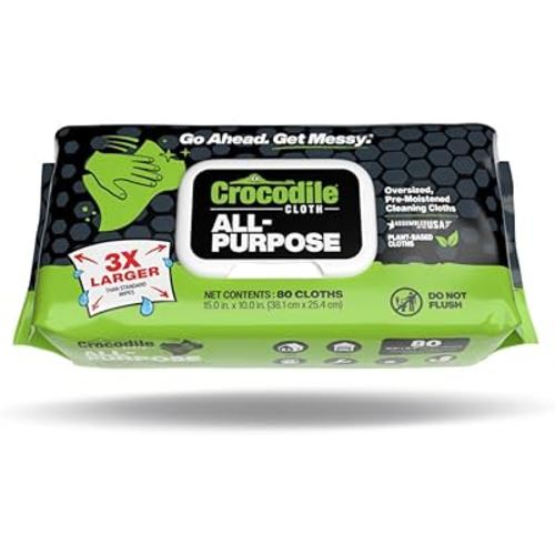 Crocodile Cloth All-Purpose Cleaning Wipes – 80 Count, 15"x10" Extra Large Plant-Based Disposable Cloths – Moist, Absorbent, Safe on Skin, Multi-Surface Use