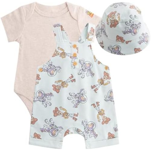 Disney Winnie the Pooh Baby Boys Shortall French Terry Overalls Bodysuit and Bucket Hat 3-Piece Set For Newborn Infant