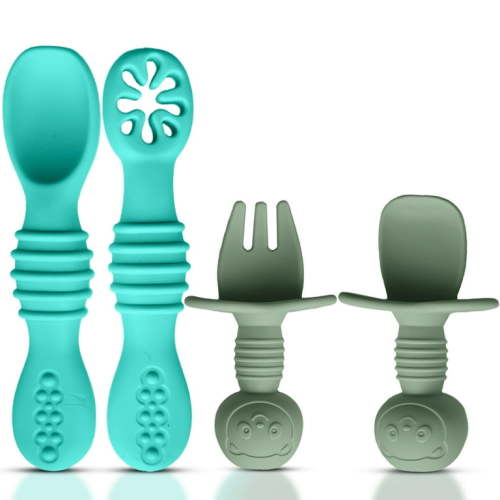 HippoBaby 4pc Baby Led Weaning Set, Baby Feeding Utensils, Toddler Cutlery Set, BPA Free Silicone, Dishwasher and Microwave Safe (Blue/Green)
