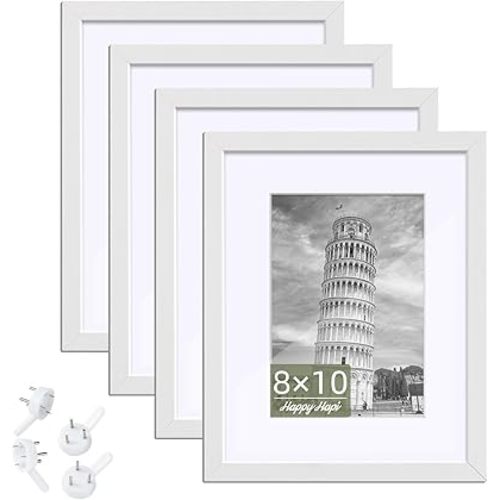 HappyHapi 8x10 Picture Frame, 4 Pack Photo Frame Display Pictures 5x7 with Mat or 8x10 Without Mat Multi Picture Frames Collage for Tabletop or Wall Display Gallery Frame (White)