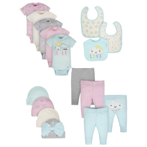 Gerber Baby Girl Organic Onesies Bodysuits, Pants, Caps, and Bibs Shower Gift Set, 15-Piece