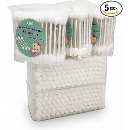 400pcs CGR Baby Safety Cotton Swabs with Large Tips for Newborn Babies Kids | With paper sticks, featuring 2 reusable plastic boxes and 3 convenient refill bags for daily care, 5x80pcs total 400pcs