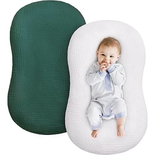 Muslin Baby Lounger Cover 2 Pack, Cotton Soft Breathable Infant Nest Slipcovers, Envelope Closure, Compatible with Snuggle MeLoungers, Machine Washable, Cover Only, for Boys Girls(Gray & Green)