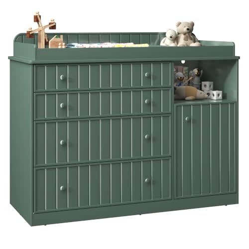 Green Changing Table Dresser with 4 Drawers, Baby Nursery Diaper Table | 37 In High Ergonomic, 4 Drawers, Cabinet, Open Space, Routed stripes, Curved Wrapping Design, Anti-tip Design