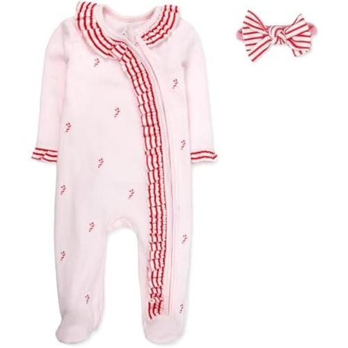 Baby Footie Bodysuit Headband or Hat 2 Piece Set – Christmas Thanksgiving Zip-Up Outfit,Holiday Pajamas for Infants