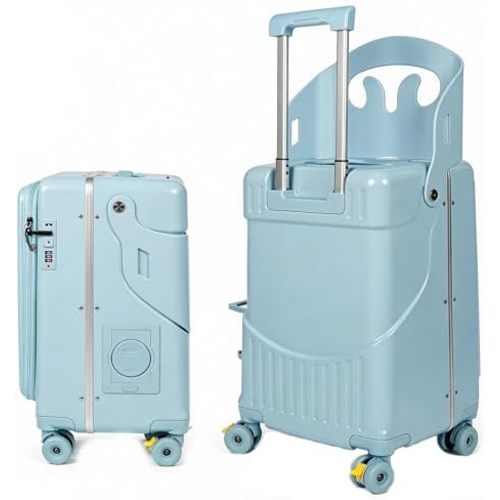 20" Carry On Luggage with Seat for Kids, Ride On Suitcase with Shockproof Spinner Wheels & Brakes, TSA Lock Hardshell Travel Case with Front Opening for Easy Access,Blue