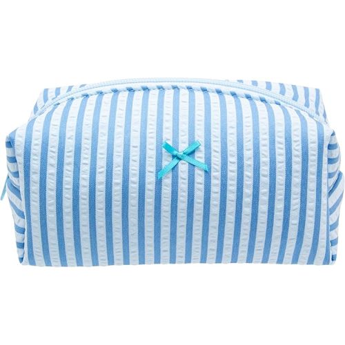 PAZIMIIK Cozy Makeup Bag Small Aesthetic Travel Zipper Cosmetic Pouch for Women Make Up Beauty Accessories Brushes, Stripe Lake Blue