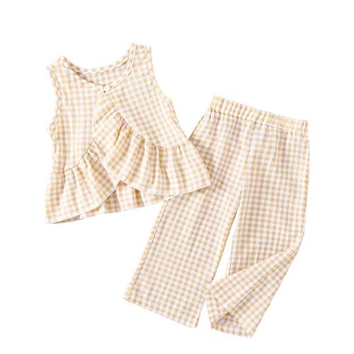 Weebaby Toddler Girl Clothes Infant Summer Outfits Baby Ruffle Tank Top Gingham Loose Pants Kid Baby Girls' Clothing
