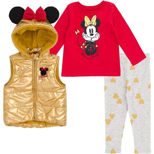 Disney Minnie Mouse Zip Up Vest Puffer T-Shirt and Leggings 3 Piece Outfit Set Infant to Big Kid