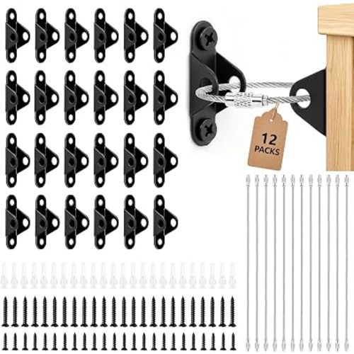 12 Pack Furniture Anchors, Anti Tip Metal Straps for Baby Proofing,Black