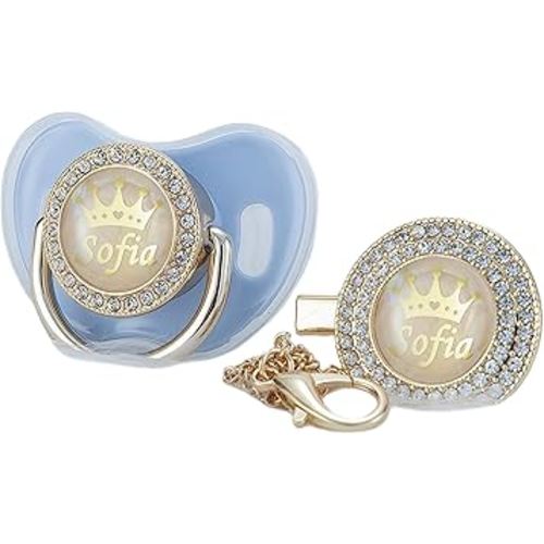 Personalized Name Bling Rose Gold Pacifier and Clip Set Ideal Gift for Baby Shower New Born Photoshoot & Keepsake (Light Blue)