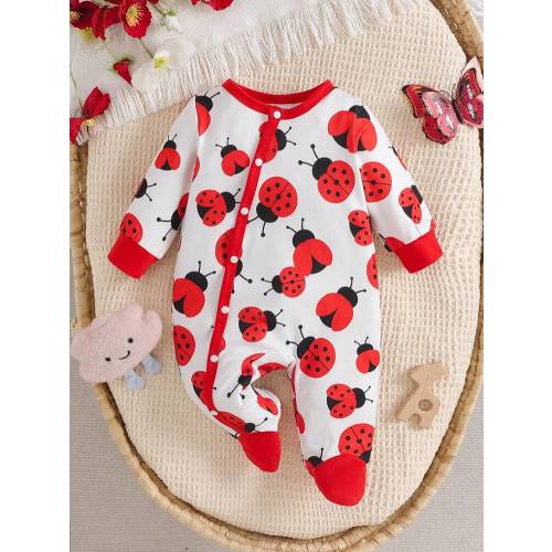 Baby Girls' Casual Cute Ladybug Print Footie Pajamas Long Sleeve Romper, Spring/Autumn | SHEIN USA