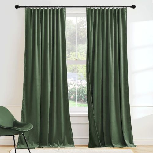 NICETOWN Olive Green Velvet Curtains 84 Inch Long, Pleat Tape Back Tab Blackout Drapes for Bedroom, Soft Velvet Window Panels, 2 Panels
