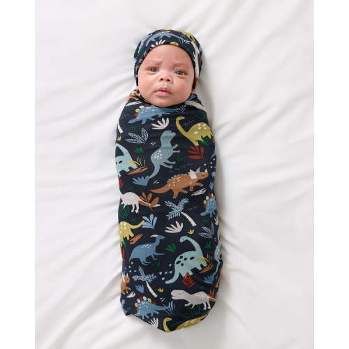 Navy Jurassic Jungle Swaddle & Beanie Set | Little Sleepies
