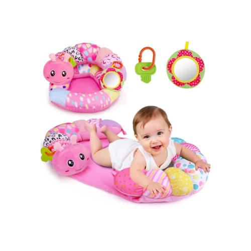 2 in 1 Baby Tummy Time Mat & Support Seated Pillow Infant Newborn Toys 0 1 2 3 4 5 6 Months Pink Caterpillar Sensory Developmental Playmat 0-6 3-6 12 Month Babies Mirror Shower Gifts for Girls Boys