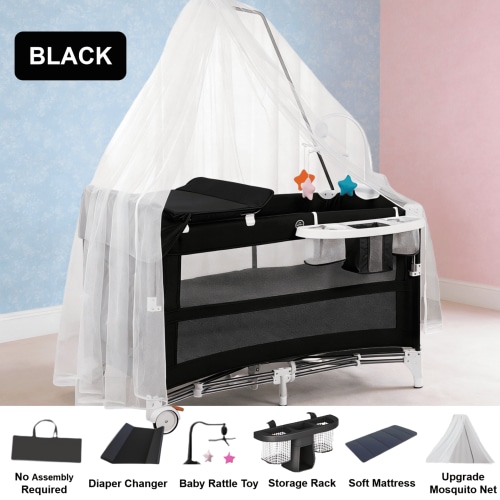 5-in-1 Convertible Baby Play Yard,Bedside Sleeper,Baby Bassinet with Diaper Changer &Mosquito Net for Newborn and Infant,Unisex,Black