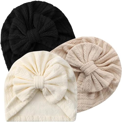 3 Pack Velvet Baby Turban Hats with Bow, Stretchy Baby Head Cover Beanies for Newborn, Toddler, Infant Head Wraps
