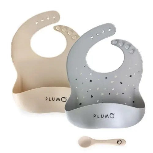 Plum Silicone Bib & Spoon Set 3 Piece Grey/Sand | Baby Bunting AU