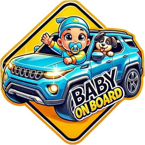 Calcomanía para bebé a bordo, lindo diseño de SUV azul para bebé y perro, letrero de seguridad infantil de 5 x 5 pulgadas por Signs That PO, autoadhesivo, no magnético, resistente a la intemperie,