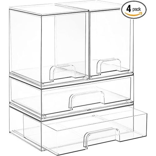 Vtopmart Clear Stackable Storage Drawers Set of 4, Plastic Organizer Bins for Makeup, Cosmetics, Beauty Supplies,Ideal for Vanity, Bathroom,Cabinet,Pantry Organization
