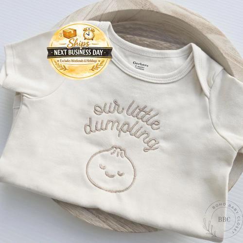 Embroidered Our Little Dumpling Onesie® Brand Coming Soon Baby Pregnancy Announcement Onesies® Neutral Bodysuit Hi Grandma Grandparents C23