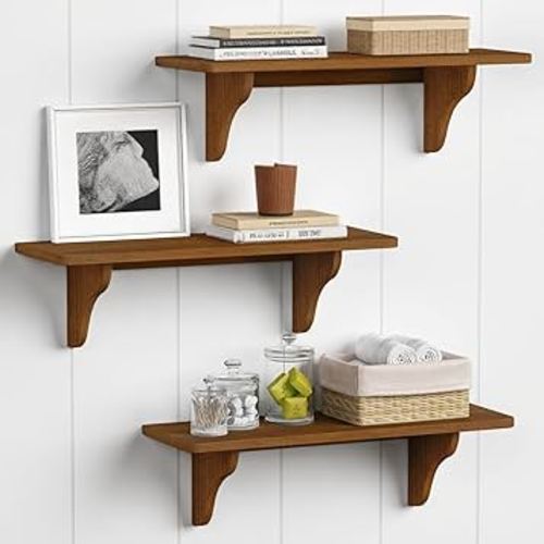 Forbena Wooden Floating Shelves for Wall Set of 3, 24 Inch Wall Shelf for Bedroom, Dark Wood Arched Hanging Wall Shelves for Bedroom, Living Room, Office, Nursery, Dining Room (Walnut Brown)