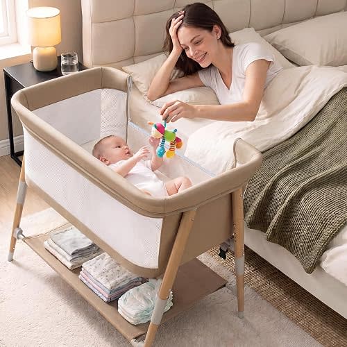 3 in 1 Bedside Bassinet Sleeper for Newborn, Portable Baby Crib with 4 Detachable Wheels & Adjustable Height, Breathable Mesh & Mattress, Mosquito Net& Storage Basket (Khaki)