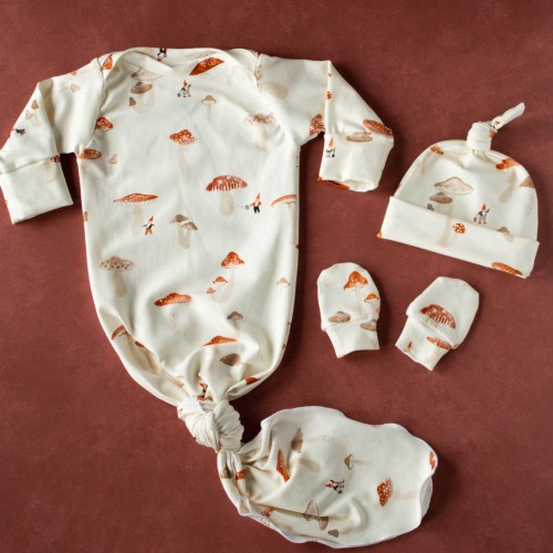 Mushroom Baby Gown Set: Organic Cotton Knotted Outfit