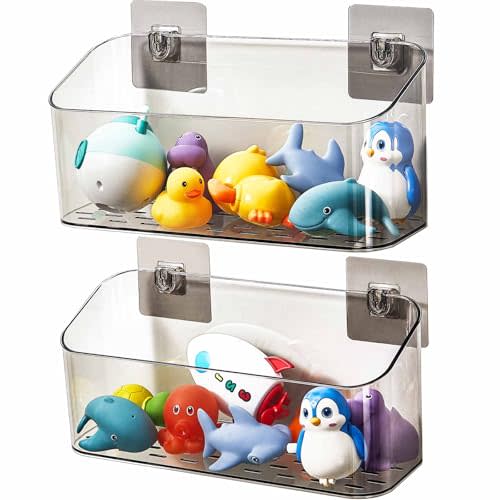 Eunion Bath Toy Storage Organizer, Bathtub Toy Storage Holder, Large Capacity Wall Mounted Shower Caddy Shower Organizer, No Drill Shelves Basket, Clear Black, 2 Pack