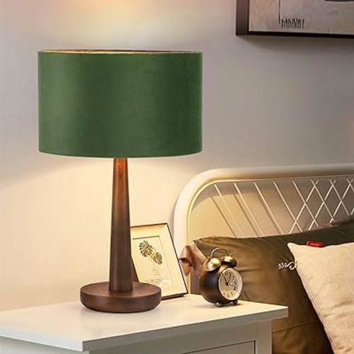18.5" Table Lamp for Living Room, Dimmable Modern Walnut Wood Desk Lamps for Bedroom, UL Listed Nightstand Lamp, End Table Lamps for Console Entryway, Office, Dorm, Home Decor, Green Velvet Shade