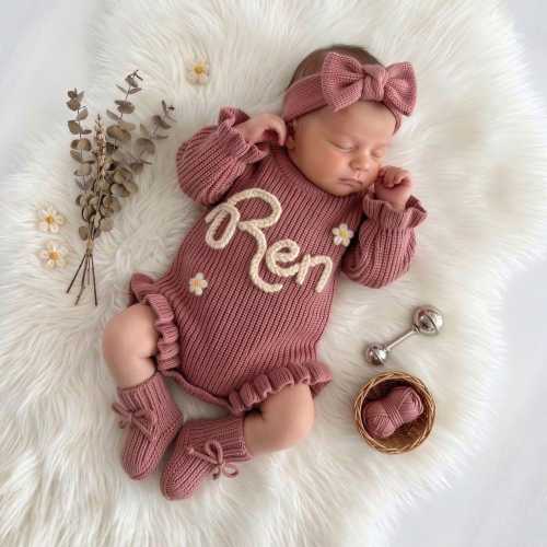 Personalized Baby Girl Romper Set, Custom Newborn Clothes, Hand Embroidered Newborn Gift