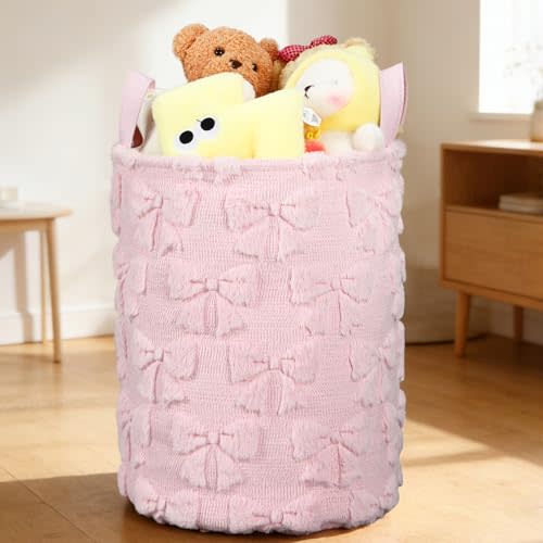 Pink Bow Laundry Hamper 18 x 14 Inch Fluffy Plush Pink Coquette Bow Laundry Basket for Girls Nursery Hamper Foldable Storage Bin with Handle for Home Clothes Organization