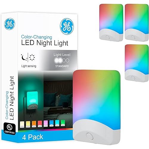 GE Color-Changing LED Night Light, Plug Into Wall, Dusk to Dawn Sensor, 8 Vibrant Colors, Ambient Lighting, Kids Adults Bedroom, Bathroom, Nursery, Kitchen, Hallway, 4 Pack, 50860