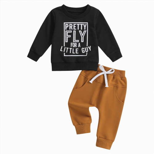 HCNTES Toddler Baby Boy Clothes Letter Print Long Sleeve Sweatshirt Pullover Pants 2Pcs Fall Winter Outfits(Black&Z1,12-18 Months)