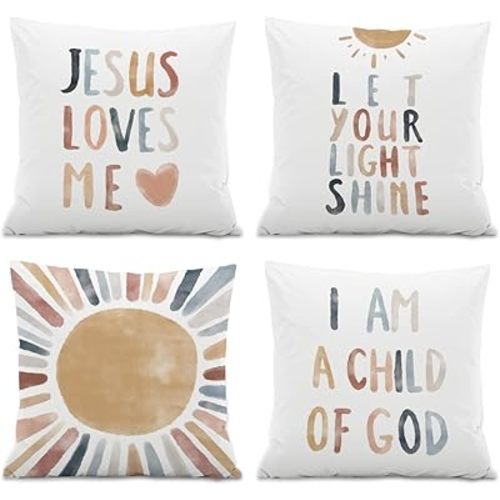 Jesus Loves Me Throw Pillow Covers, Sun Decorate Pillow Covers for Nursery Baby Room Kids Room,Inspirational Bible Verses 18x18 Inch Pillowcase Set of 4