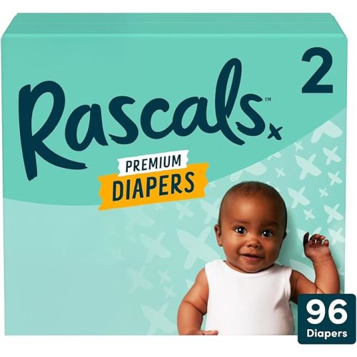 Rascals Premium Disposable Baby Diapers Size 2 (96 Count), Absorbent Core, Up to 12 Hours Leak Protection, Gentle on Skin, Secure Fit, Soft Comfort