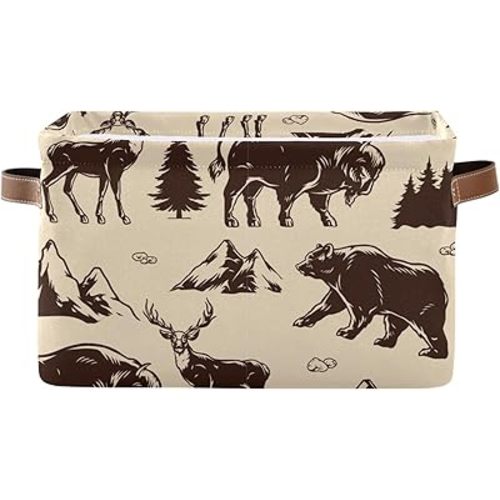 Aslsiy Toy Storage Basket Vintage Deer Bear Moose Nursery Bins National Park Baby Toys Box Canvas Clothes Shelf Basket Laundry Hamper for Home Closet 1 Pcs