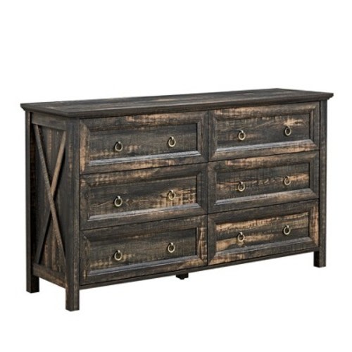 ALEXOUN Farmhouse 6 Drawer Storage Organizer Dressers,Wood Chest of Drawers,Modern TV Dresser for Bedroom,Living Room,or Office,Brown