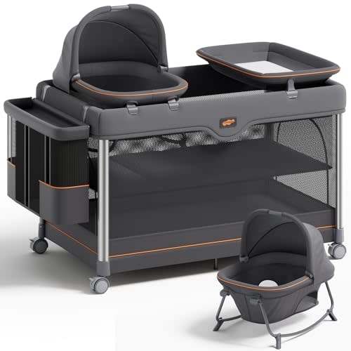 Pamo Babe 6-in-1 Pack and Play with Bassinet – One-Step Setup Baby Bassinet, Portable Playard, Travel Crib with Mattress, Changing Table, Storage Bag & 4 Wheels Travel Playpen for Baby (Gery)