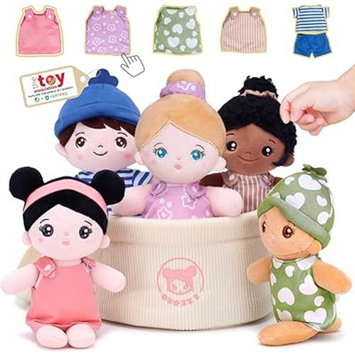 OUOZZZ Soft Baby Dolls – Set of 5 Multicultural 8.8″ Plush Dolls in Basket | Diversity Ethnic Snuggle Toys for Toddlers, Preschool, Daycare & Home