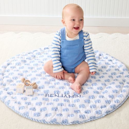 Block Print Quilted Play Mat-Blue Elephant