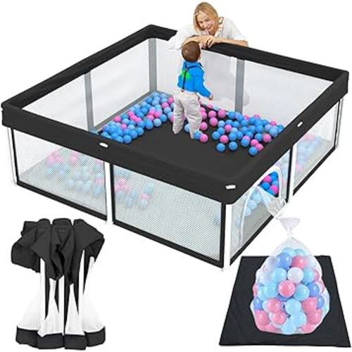 TOREVSIOR Foldable Baby Playpen with Mat, 50"×50" Collapsible Play Pen for Babies and Toddlers, Indoor & Outdoor Kids Safety Play Pen, Portable Play Yard, Foldable Baby Playpen with 50 Ocean Balls