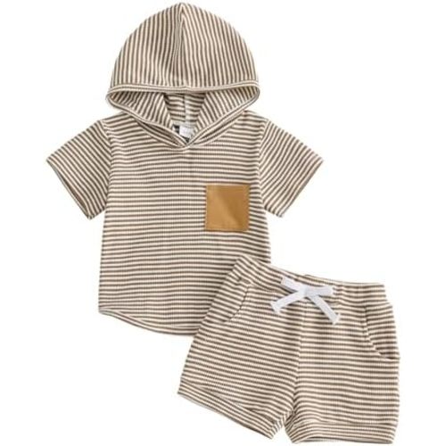 Toddler Baby Boy Summer Outfit Waffle Short Sleeve Hooded Stripes Tops Casual Shorts Set Infant Newborn Clothes