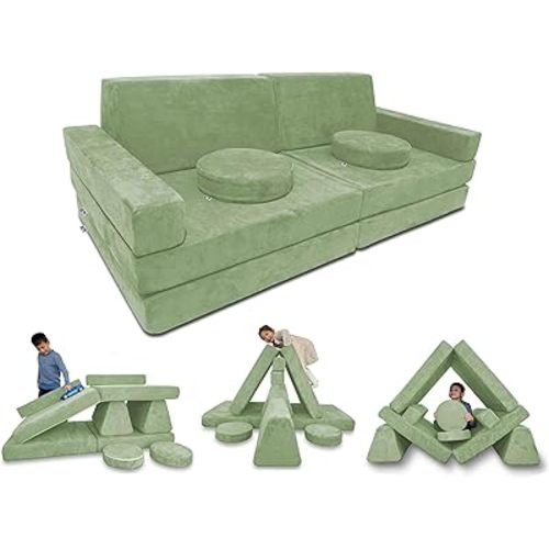 Mod Blox 10 Piece Soft Modular Kids Play Couch for Boys and Girls ｜ Child Sectional Fort Building Sofa for Toddlers Playroom with Microsuede Covers and High Density Convertible Foam Cushions (Sage)