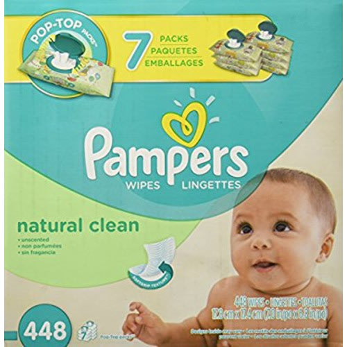 Pampers Baby Wipes Natural Clean (Unscented) 7X Pop-Top, 448 Diaper Wipes - 7 Pop-Top Packs, 448 Count