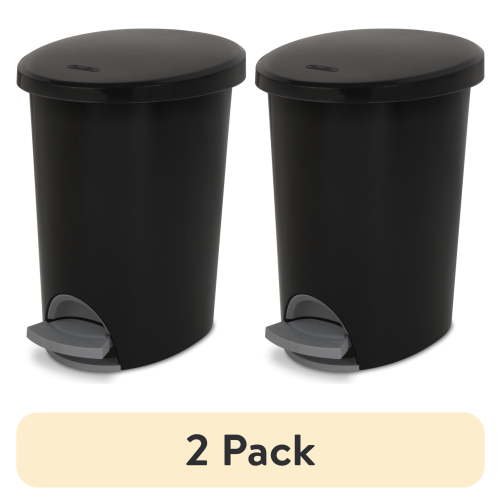 (2 pack) Sterilite Small Bathroom Trash Can, 2.6 Gallon Plastic Garbage Bucket Bin with Step Lid, Black